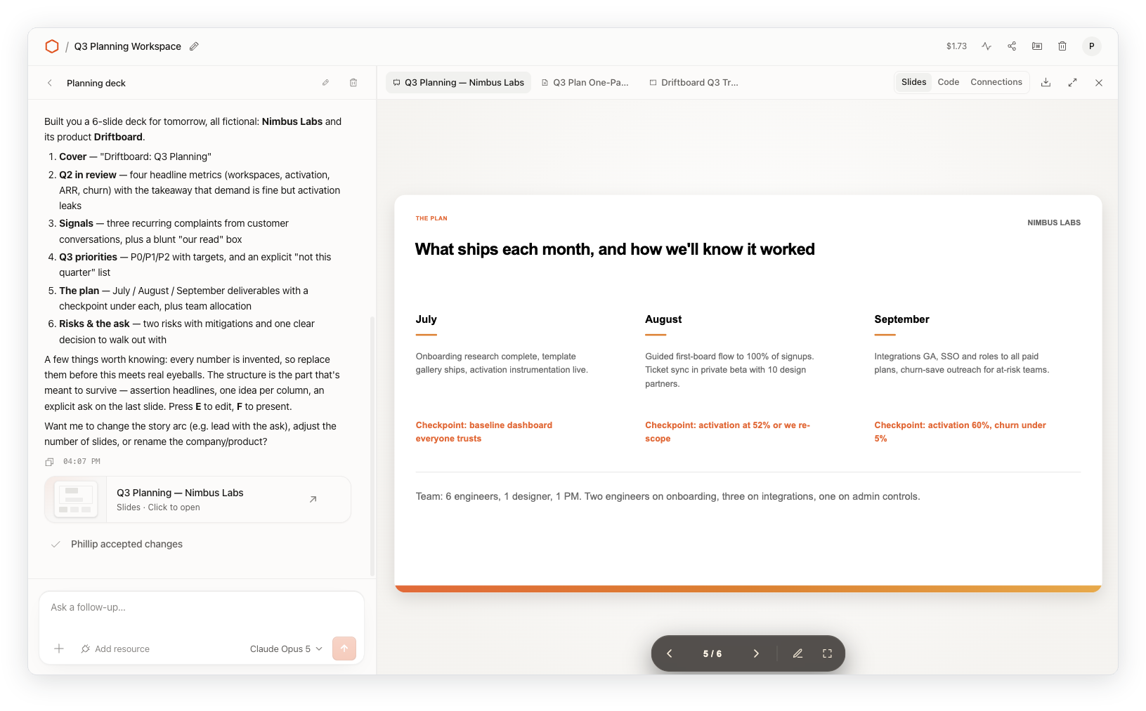 Workspace do Cloudflare OS com planejamento trimestral e apresentação gerada por IA