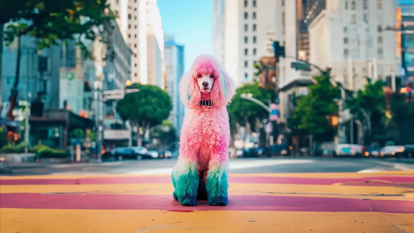 Imagem de cão rosa usada em demonstração do SynthID