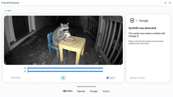 Interface do detector de IA do Google com vídeo de guaxinim analisado