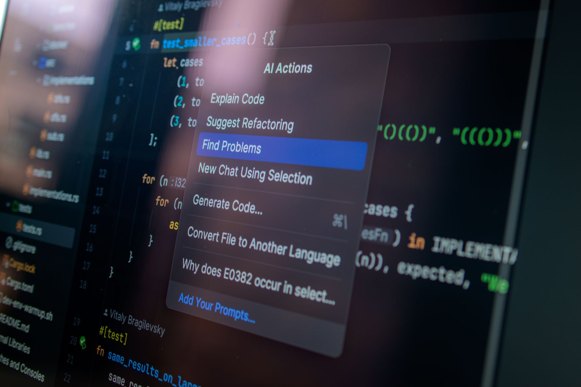 Tela de computador com menu de ações de inteligência artificial