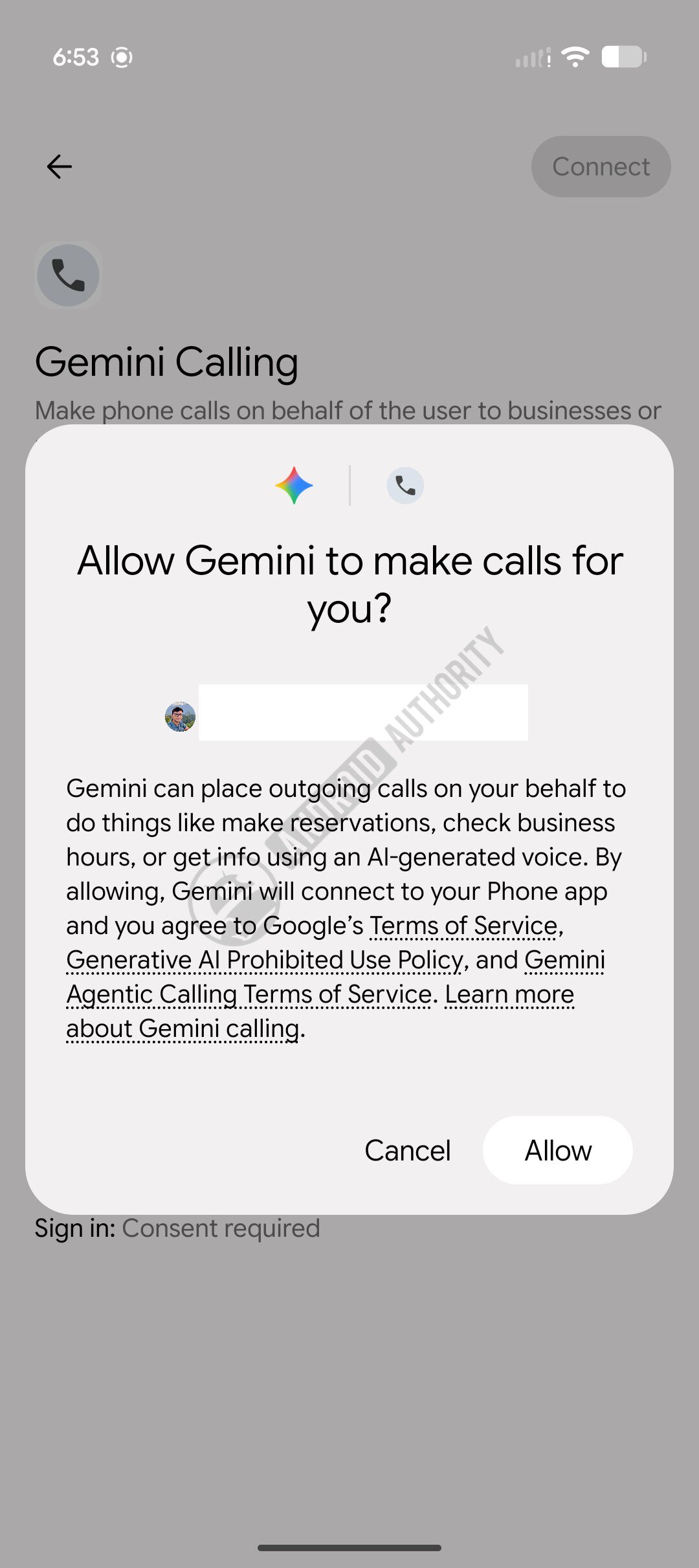 Tela de permissão do Gemini liga para contatos no Android