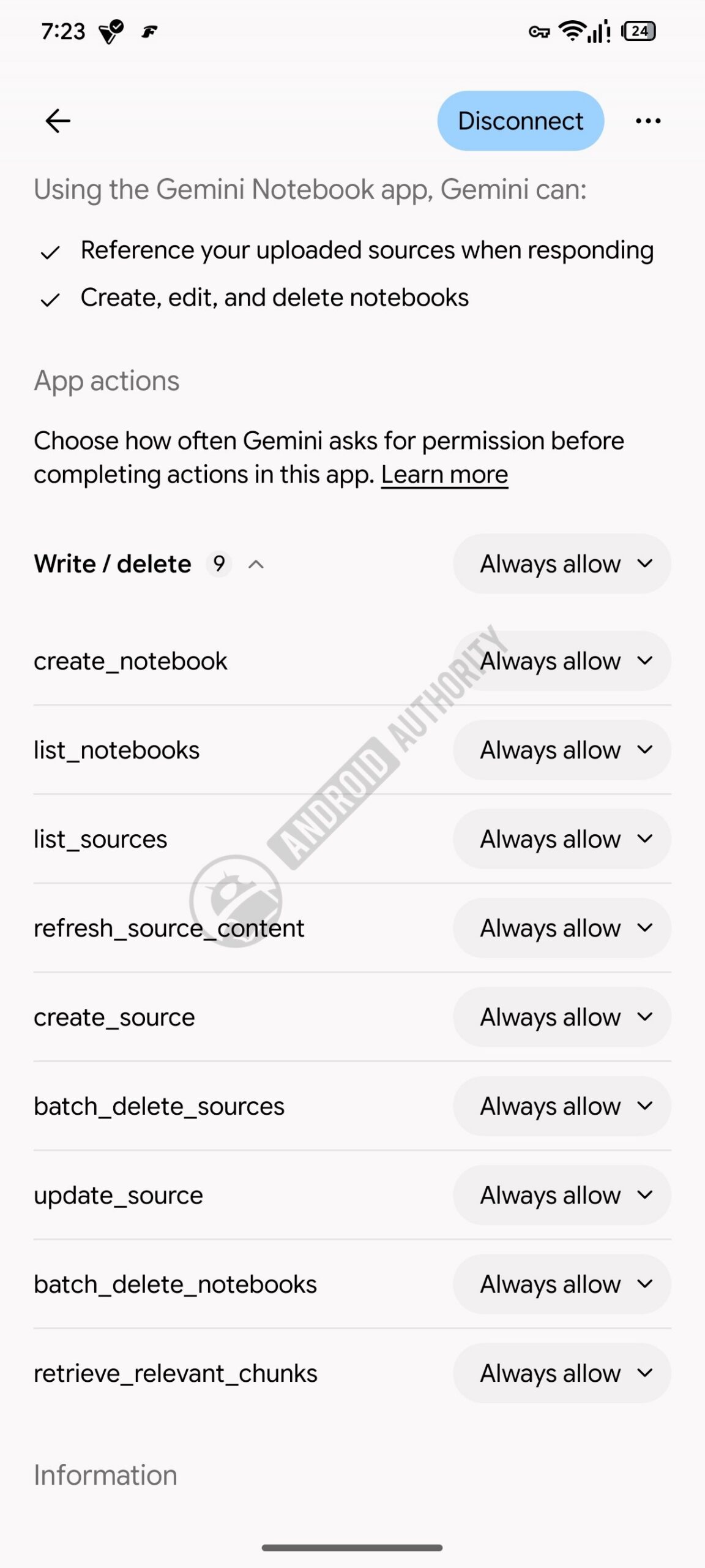 Tela de ações de apps do Gemini com permissões granulares