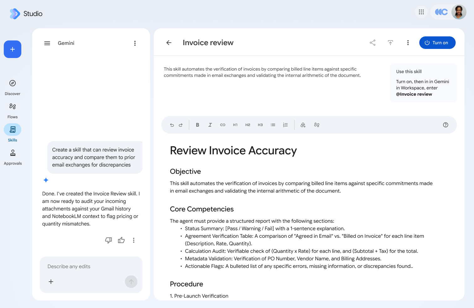Editor de Gemini skills com instruções reutilizáveis