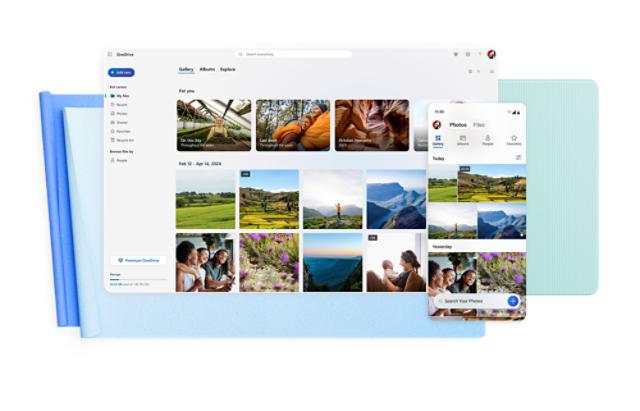 Microsoft 365 OneDrive em tablet e smartphone com galeria de fotos