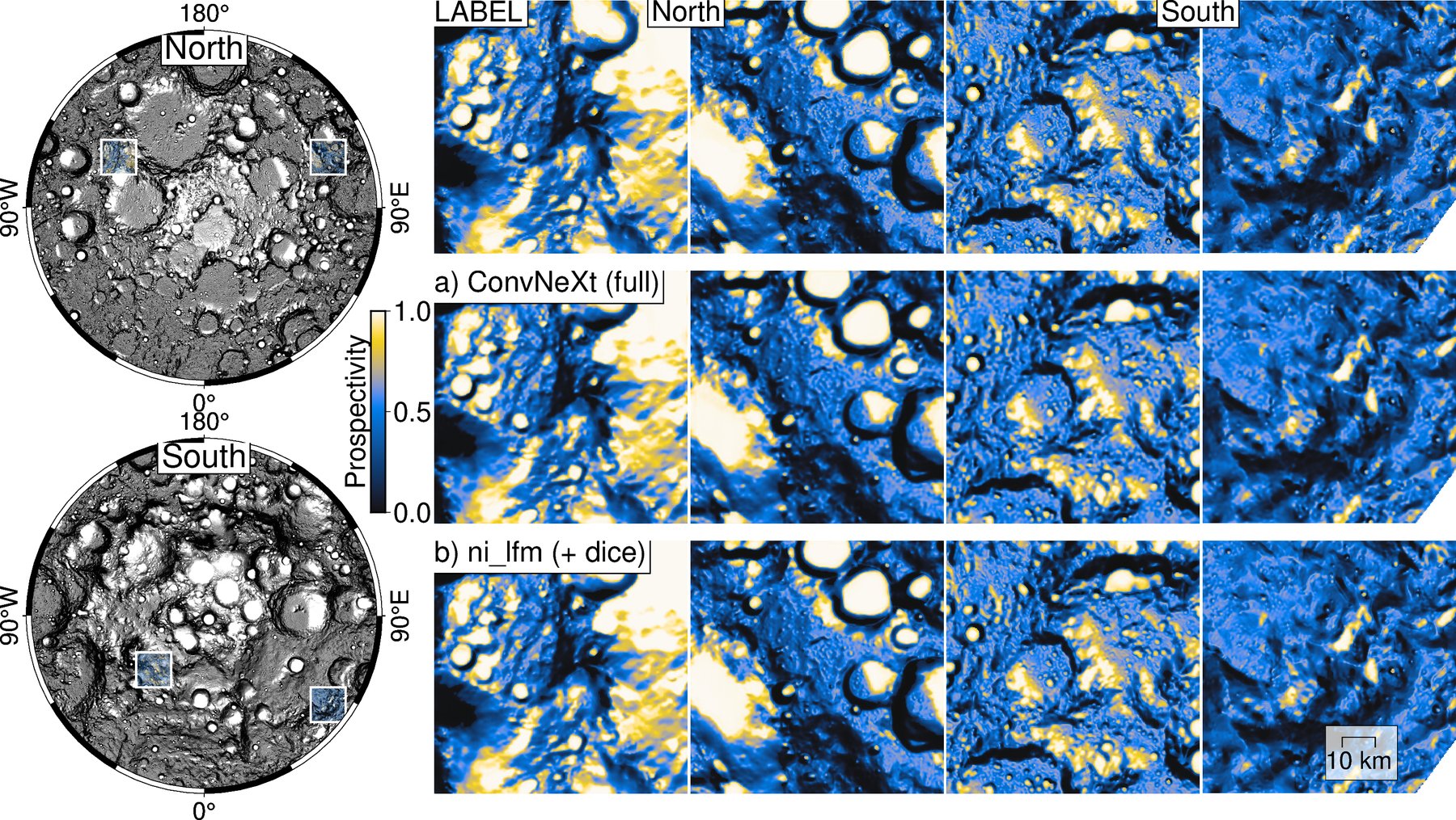 Previsão de gelo lunar pelo modelo da NASA e IBM Comparação de previsão de gelo nos polos feita pelo modelo lunar da NASA e IBM