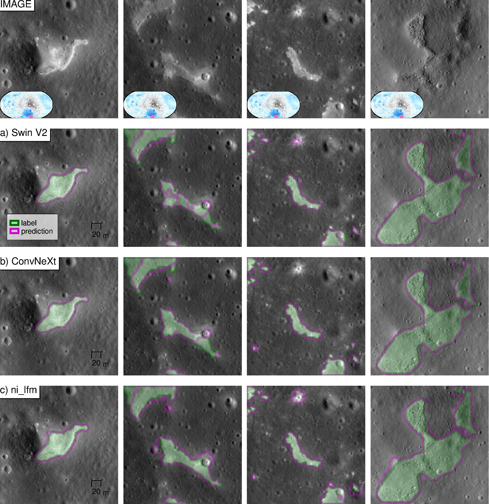 Análise de regiões vulcânicas pelo modelo lunar da NASA e IBM Modelo lunar da NASA e IBM analisando manchas vulcânicas irregulares na Lua