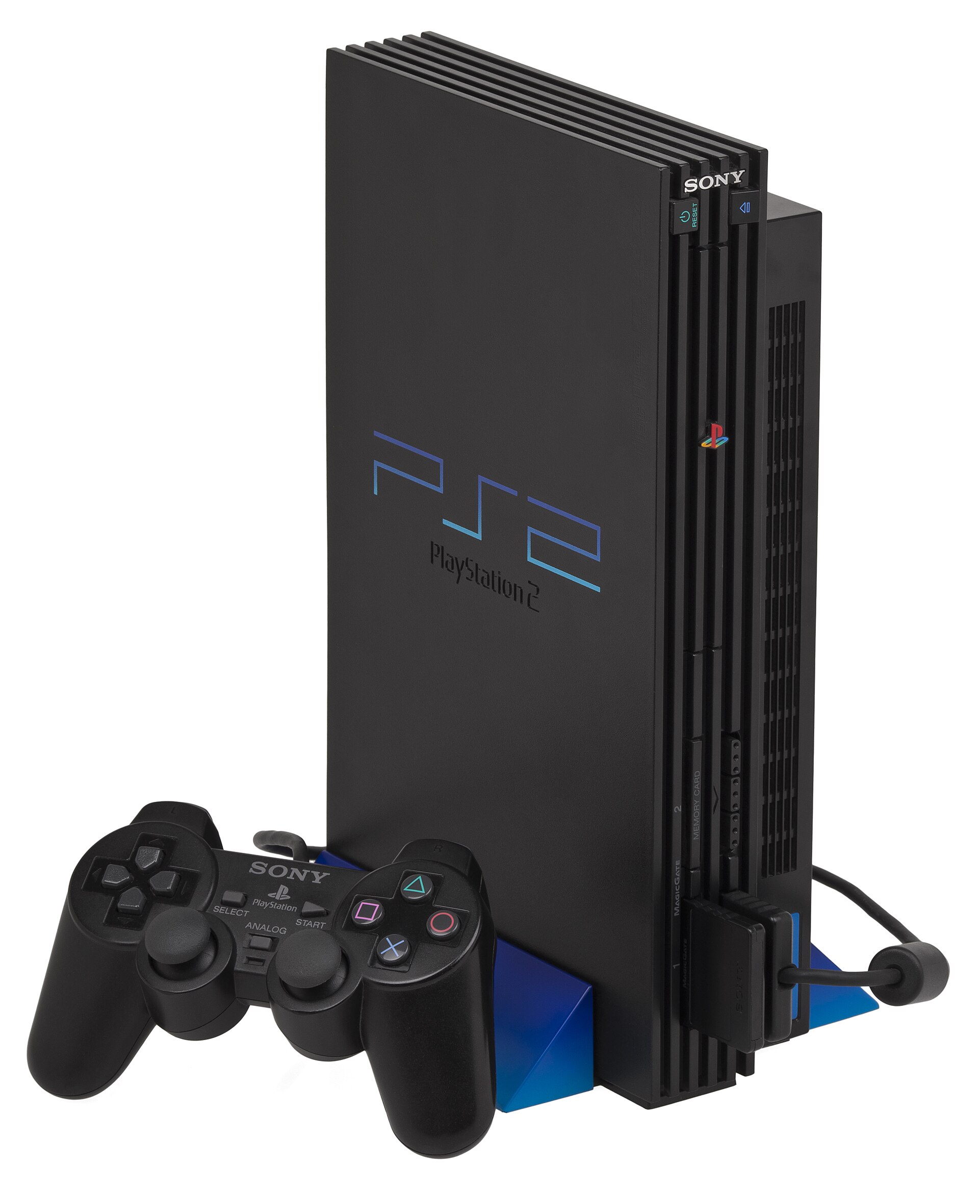 PlayStation 2 com controle e cartão de memória