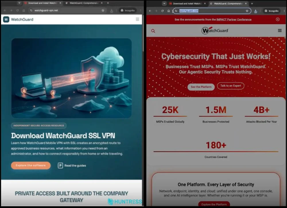 Comparação do site falso com a WatchGuard oficial Comparação entre o site falso de VPN e a página oficial da WatchGuard