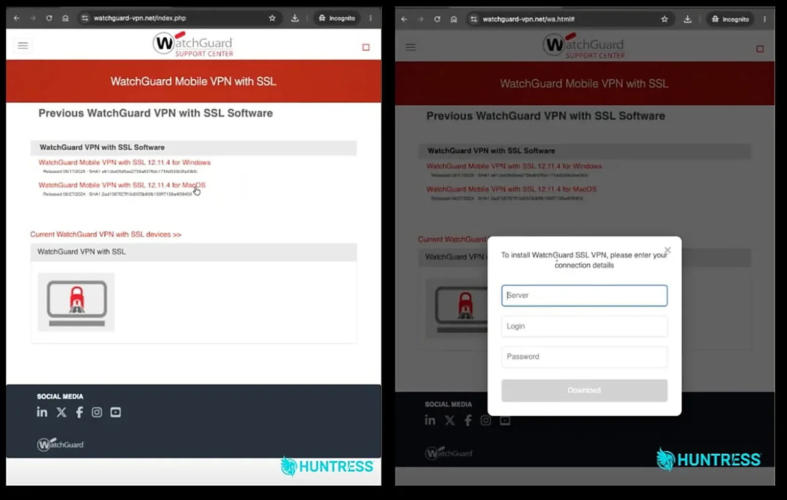 Formulário do site falso para roubar credenciais de VPN Página falsa de download de VPN com formulário para capturar credenciais
