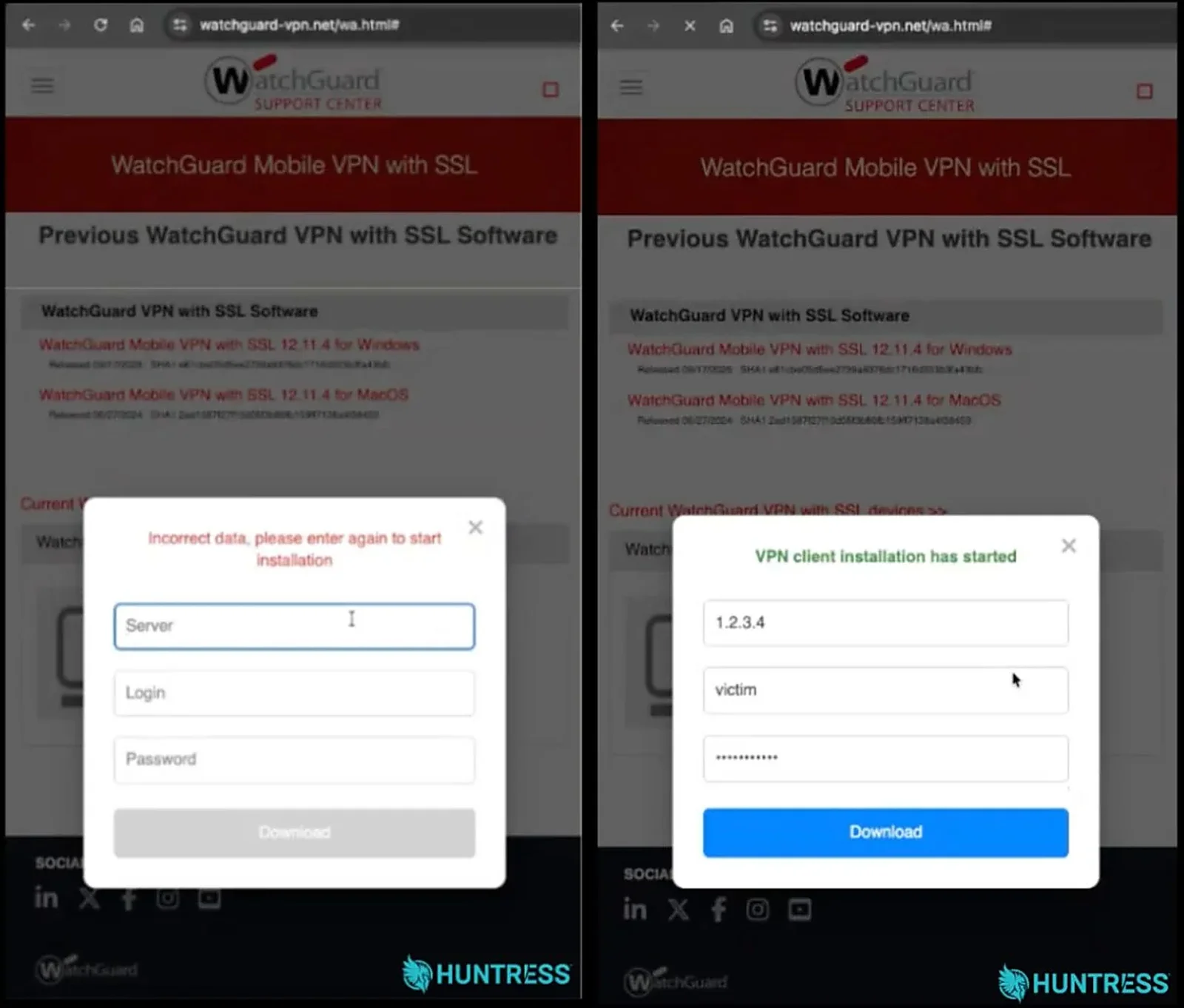 Segunda tentativa de captura de senha no site falso Mensagem de dados incorretos usada para pedir a senha da VPN novamente