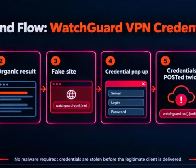 Fluxo do golpe em que site falso rouba senhas de VPN WatchGuard Fluxo do golpe em que site falso rouba senhas de VPN WatchGuard